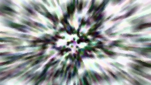 Abstraktes Bild mit radial von der Mitte nach außen laufenden, verwischten Streifen in Grün, Violett, Weiß und Schwarz, die in einem Zentrum zusammenlaufen.