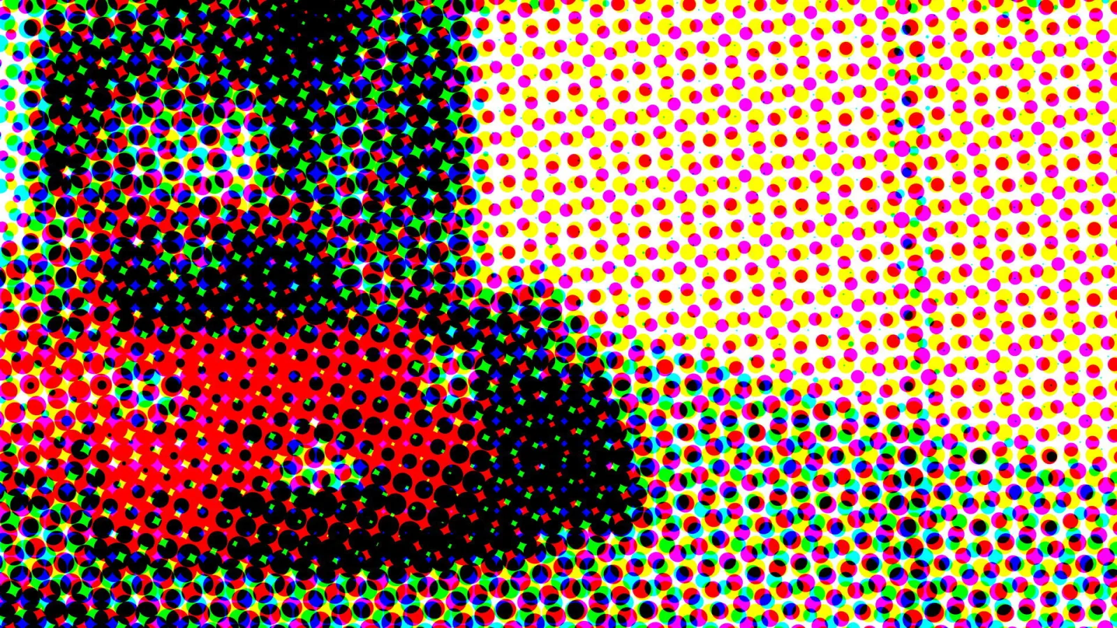 Abstraktes Rastermuster aus farbigen Punkten in Rot, Gelb, Schwarz, Grün und Blau, mit einer dunklen Fläche links und einer hellen, gelben Fläche rechts.
