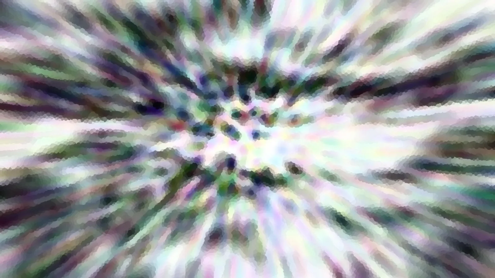 Abstrakte, radial vom Zentrum nach außen verlaufende Schlieren in Pastellfarben wie Lila, Grün und Weiß, mit verpixelten Strukturen.