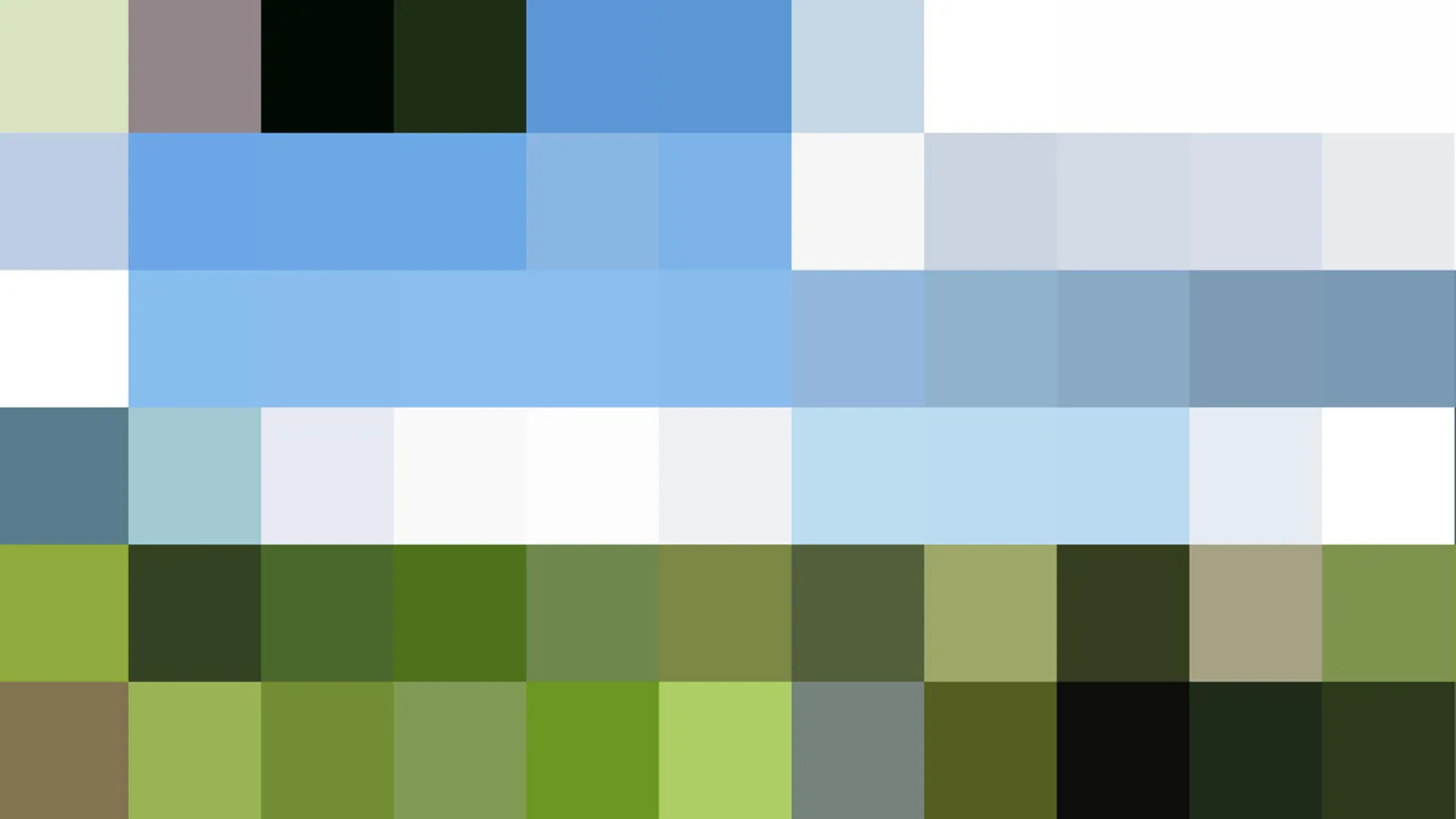 Abstraktes Bild aus farbigen Rechtecken in Blau, Weiß, Grün und Oliv, in horizontalen Bändern angeordnet.