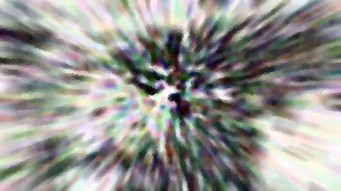Abstrakte Komposition aus strahlenförmig von einem dunklen Zentrum ausgehenden Schlieren in Grün, Violett und Weiß, pixelig verwischt.