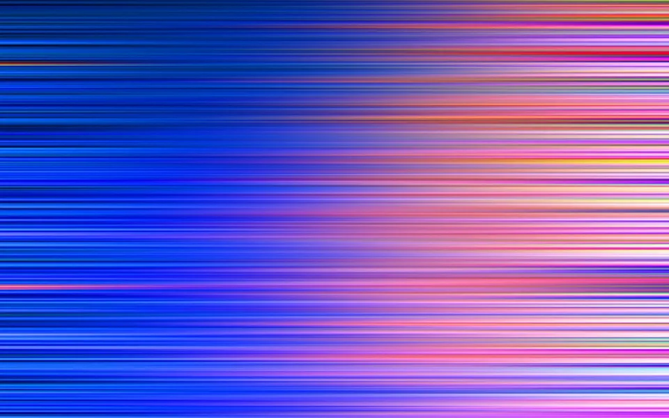 Abstrakte Komposition aus horizontalen Streifen, links dominieren Blau-Töne, rechts gehen sie in Pink, Rot und Violett über.