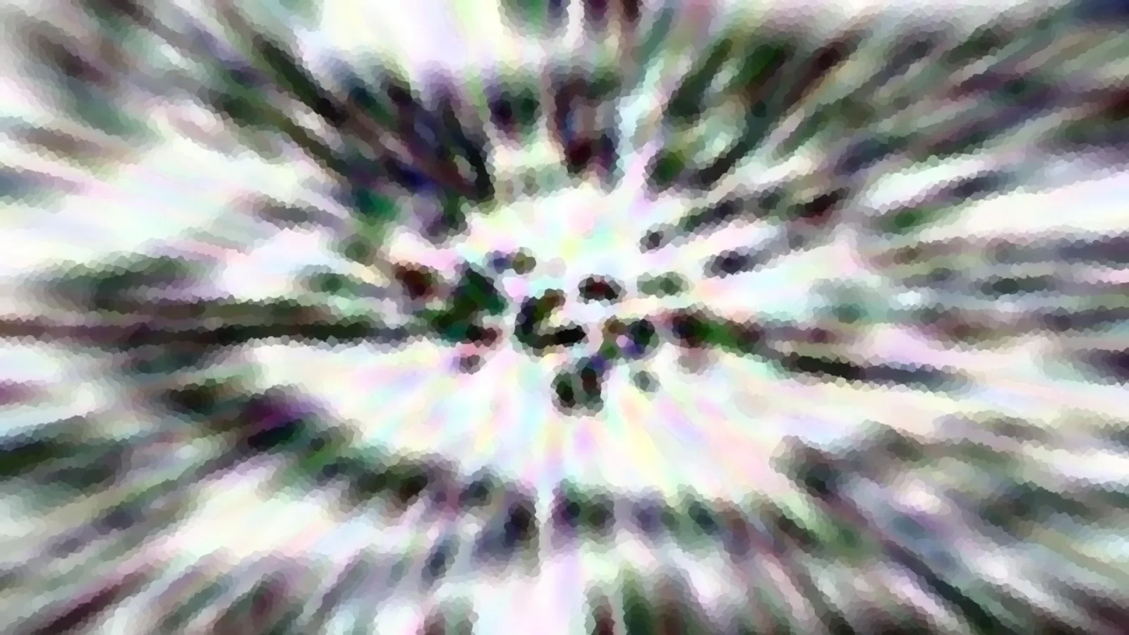 Abstrakte Komposition aus weißen, grünen und dunkelvioletten Streifen, die vom Zentrum radial nach außen laufen, mit körnigem Mosaikeffekt.