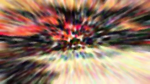 Abstraktes Bild mit radial nach außen verlaufenden bunten Streifen in Rot, Gelb, Grün und Schwarz, das Zentrum ist dunkel und leicht mosaikartig.