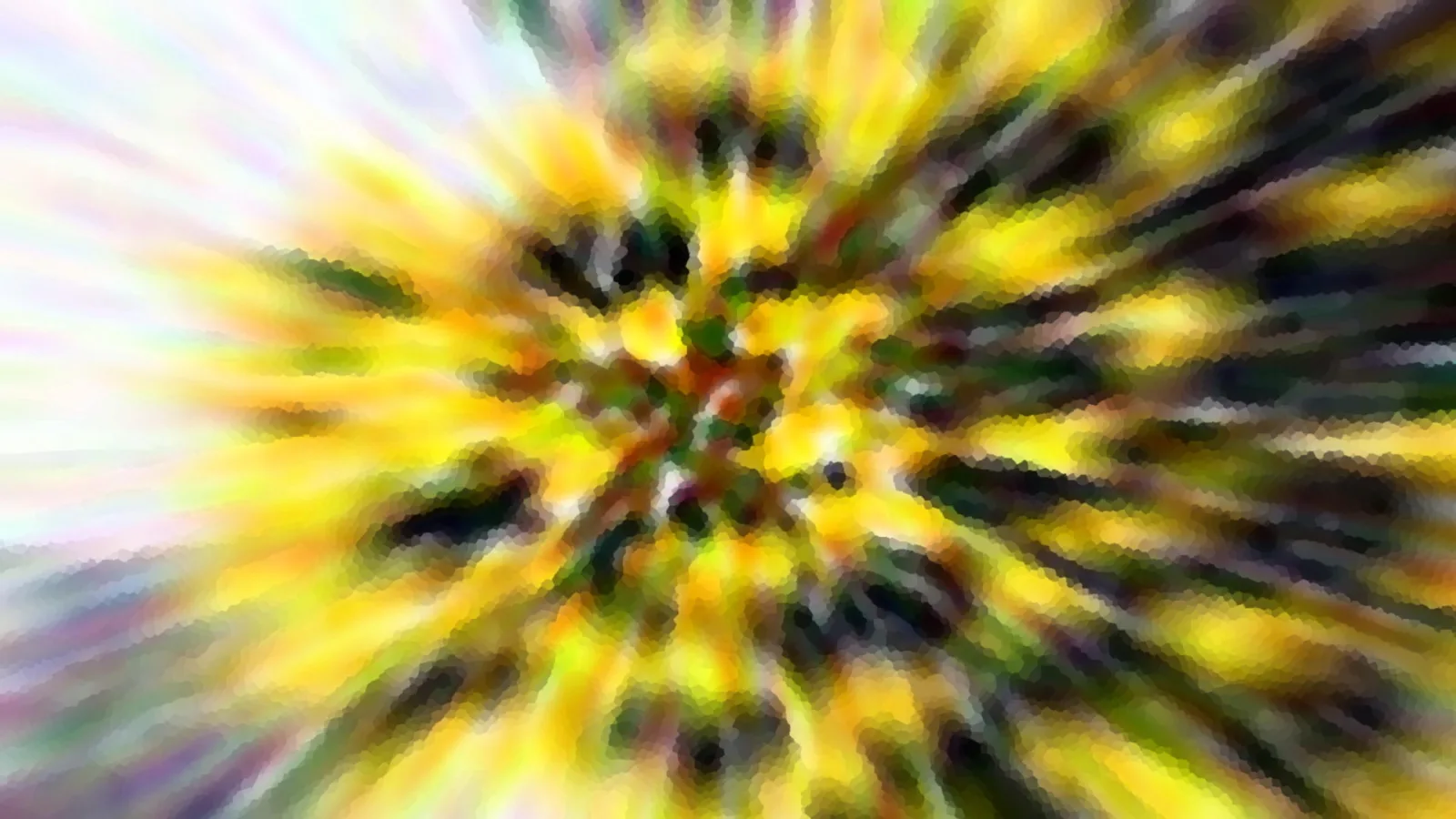 Abstrakte Komposition aus Gelb, Grün und Schwarz, die von einem hellen Punkt in der Mitte radial nach außen strahlt und an den Rändern in Unschärfe und Pixelmosaik übergeht.