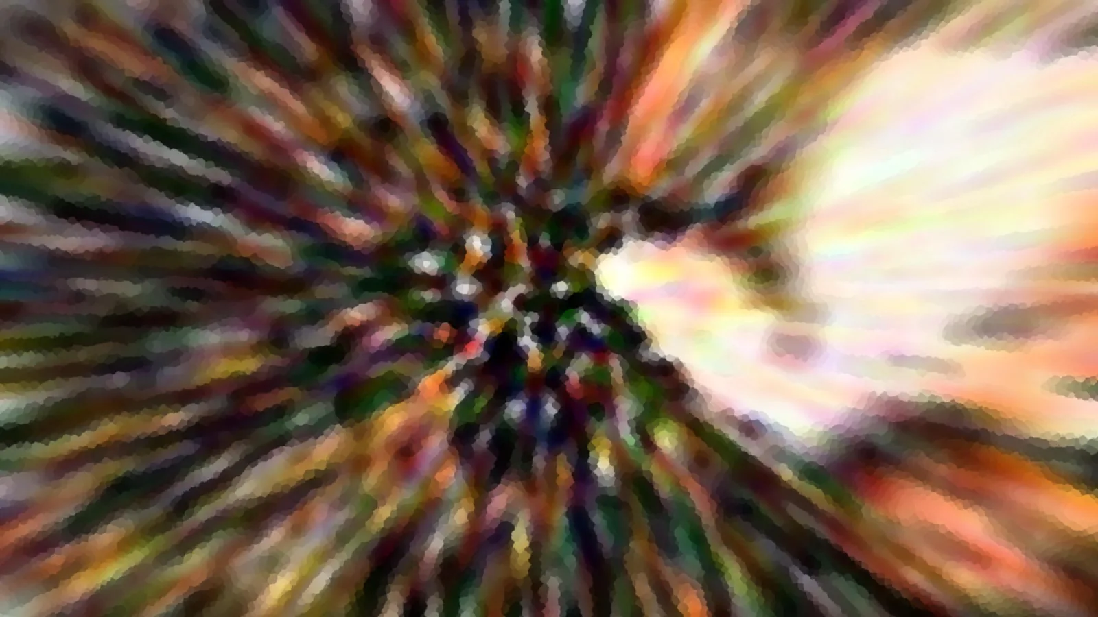 Abstrakte Komposition aus radial von der Mitte nach außen laufenden Farbstrahlen in Grün, Rot, Gelb und Schwarz, rechts ein helles, weißgelbes Leuchten.