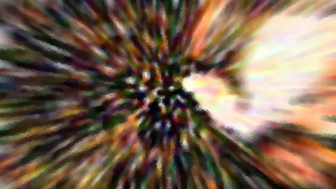 Abstrakte Komposition aus radial von der Mitte nach außen laufenden Farbstrahlen in Grün, Rot, Gelb und Schwarz, rechts ein helles, weißgelbes Leuchten.