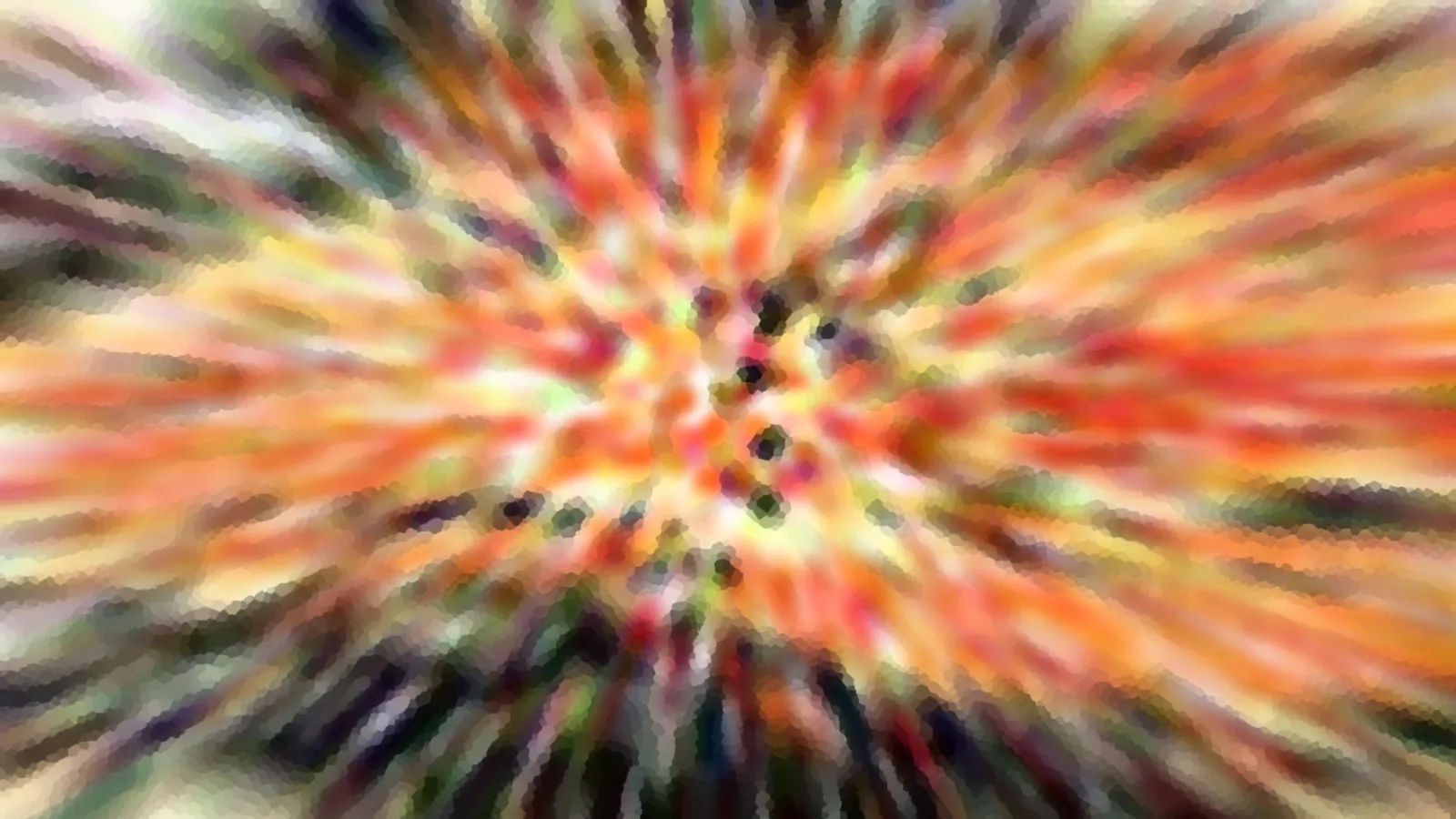 Abstrakte, radial verwischte Farbstreifen in Orange, Gelb, Rot und Grün, im Zentrum einige dunkle Punkte.