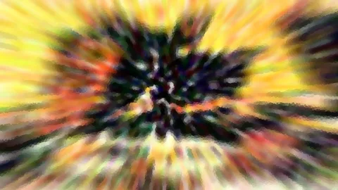 Abstrakte Komposition mit radialer Bewegungsunschärfe in Gelb, Orange und Grün, im Zentrum ein dunkler, zackiger Farbkern.