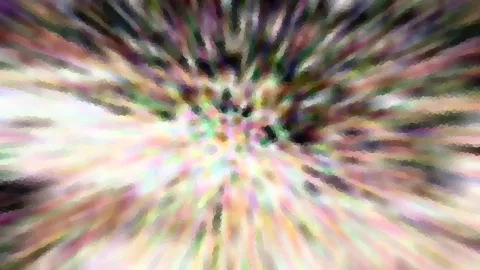 Abstrakte Komposition aus bunten, radial nach außen laufenden Schlieren in Rosa, Grün, Gelb und Dunkelblau, die von einem hellen Zentrum ausgehen.