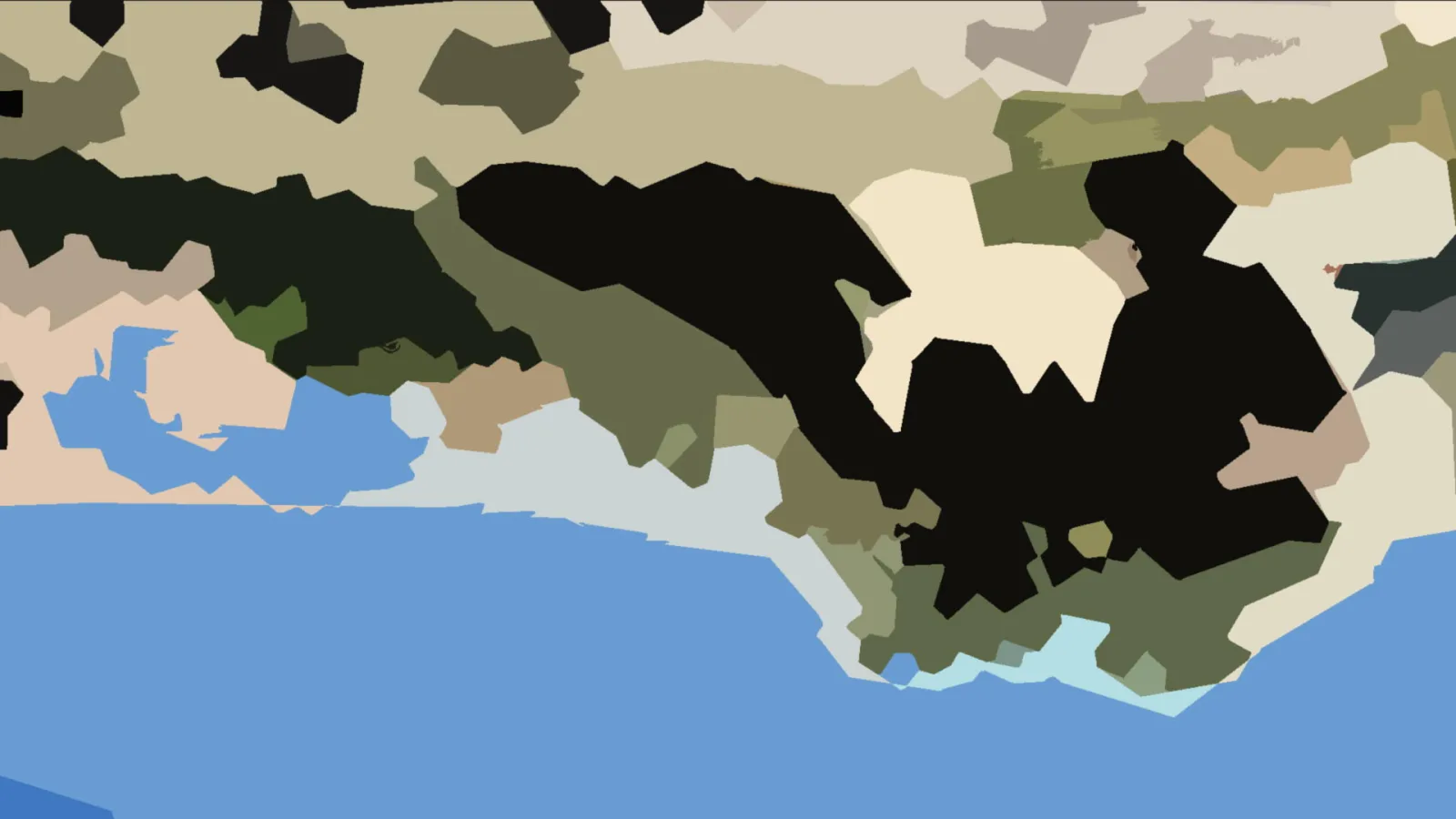 Abstrakte Komposition aus unregelmäßigen Flächen in Oliv, Schwarz, Creme und Hellblau, unten ein großer blauer Bereich.
