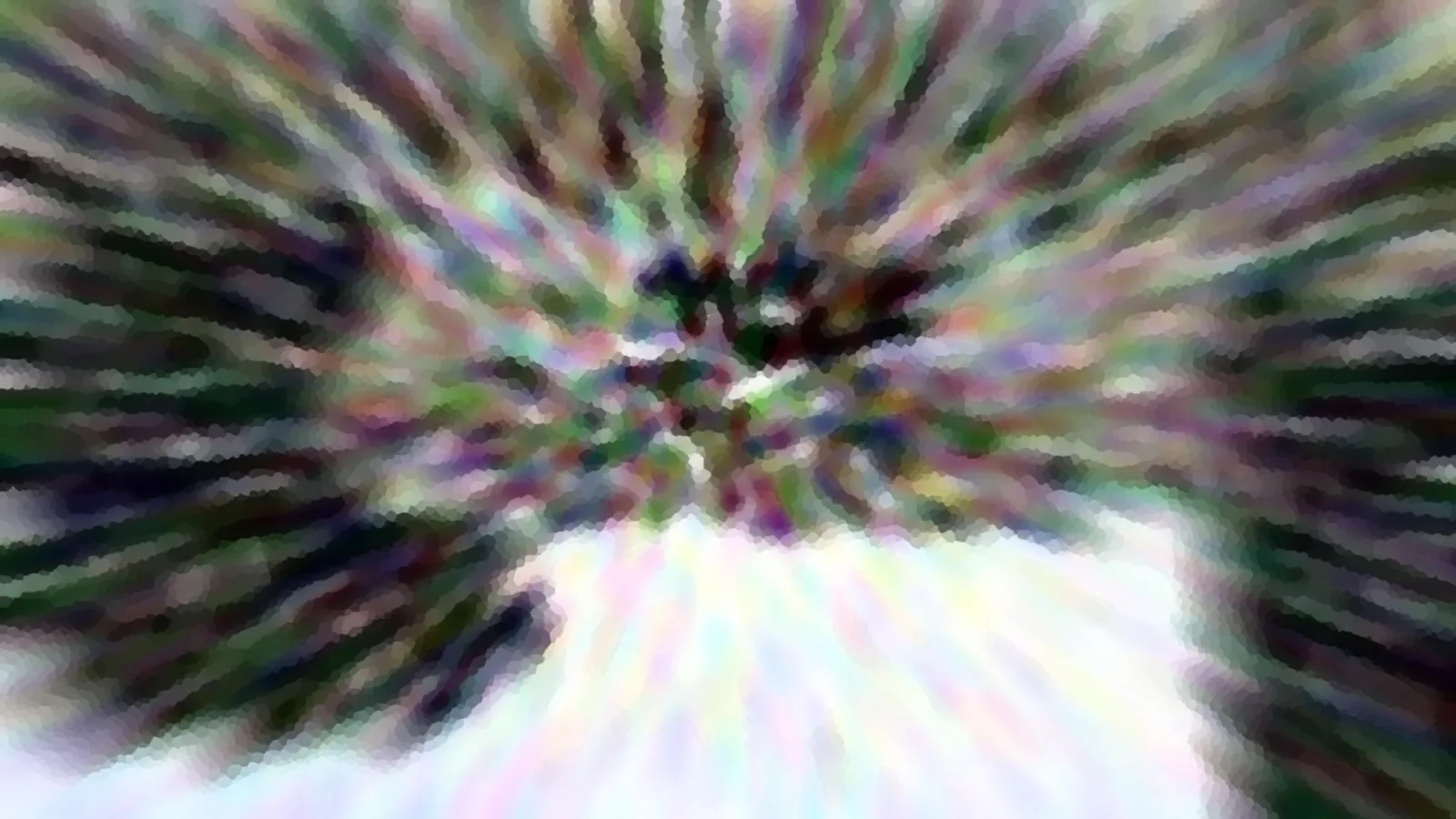 Abstraktes Bild mit radial auseinanderlaufenden Streifen in Grün, Violett und Weiß, im Zentrum dunkle Flecken.