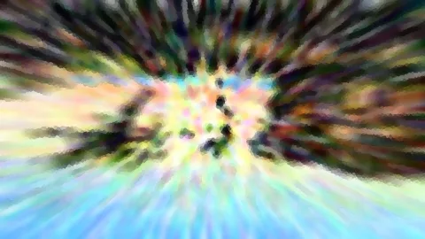 Abstrakte, bunte Explosion mit dunklen Strahlen, die von einem hellen Zentrum nach außen laufen.