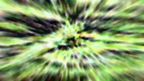 Abstrakte, radial verwischte Komposition in Grün, Gelb und Schwarz mit feiner, mosaikartiger Körnung.