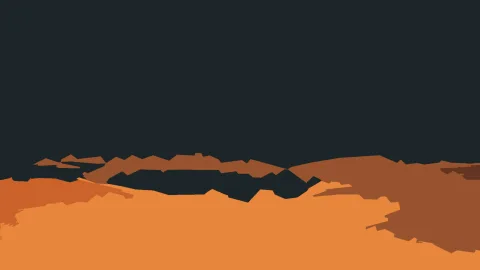 Flache, stilisierte Hügelkette in Orange und Braun vor einem dunklen, fast einfarbigen Himmel.