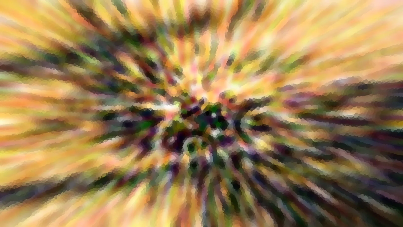 Abstrakte Komposition aus radial von der Mitte nach außen laufenden Streifen in Gelb, Orange, Grün und Violett, im Zentrum dunkler und verwischt.