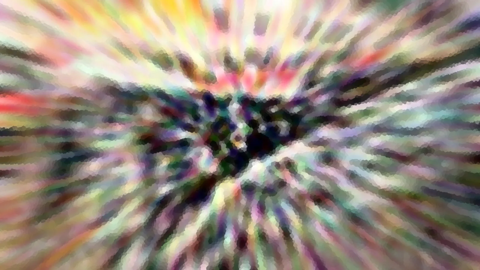 Abstraktes Bild mit bunten, radial von einem dunklen Zentrum nach außen verlaufenden Streifen in Gelb, Rot, Grün und Violett, leicht verpixelt.