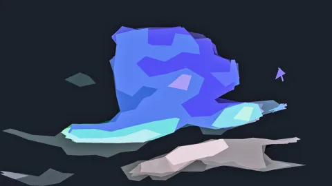 Abstrakte Komposition aus blauen, türkisen und grauen kantigen Flächen auf dunklem Hintergrund, rechts oben ein kleiner violetter Pfeil.