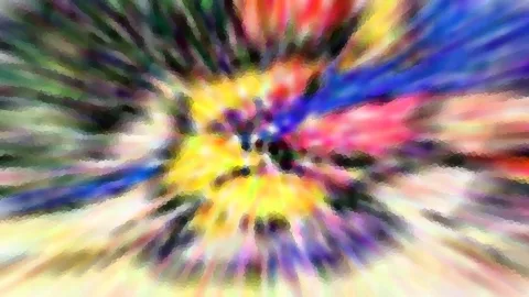 Abstraktes Bild mit bunten Streifen, die von einem gelben Zentrum radial nach außen laufen, in Blau, Rot, Pink und Grün.