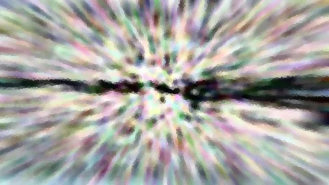 Abstrakte Komposition aus pastellfarbenen Streifen, die von der Mitte radial nach außen strahlen, mit einem dunklen horizontalen Band in der Bildmitte und mosaikartiger Pixelstruktur.
