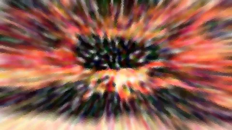 Abstrakte Komposition aus radial verlaufenden, rot, orange und grün leuchtenden Streifen, die auf einen dunklen Punkt in der Bildmitte zulaufen.