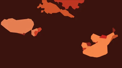 Abstrakte Komposition aus orangefarbenen und roten flächigen Formen auf dunkelbraunem Hintergrund