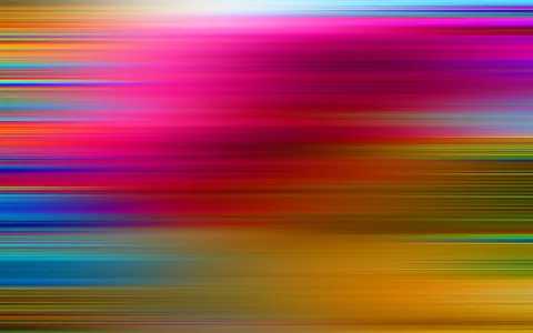 Abstrakte Komposition aus horizontalen Farbschlieren in Pink, Rot, Blau, Gelb und Orange, die zur Mitte hin dichter und weicher verlaufen.