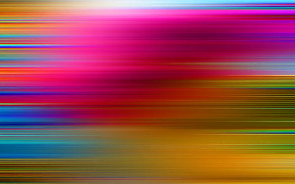 Abstrakte Komposition aus horizontalen Farbschlieren in Pink, Rot, Blau, Gelb und Orange, die zur Mitte hin dichter und weicher verlaufen.