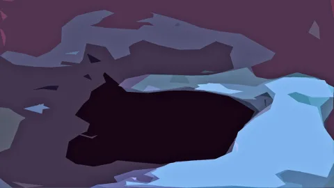 Abstrakte Low-Poly-Komposition mit einer großen, fast schwarzen Silhouette in der Bildmitte, umgeben von blaugrauen und violetten Flächen auf rotbraunem Grund.