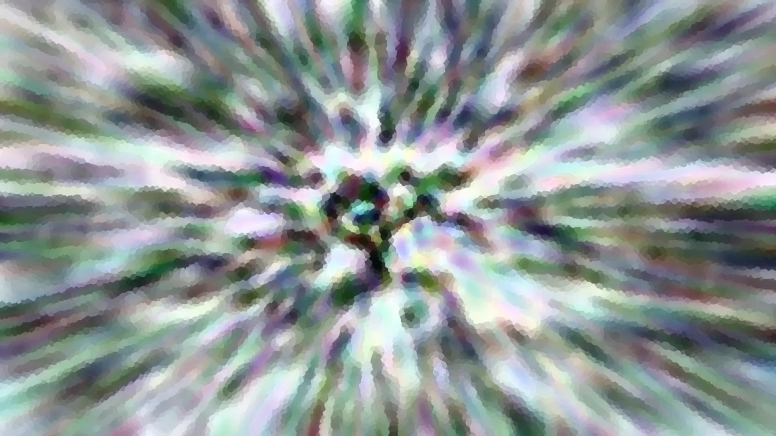 Abstrakte Komposition aus radial angeordneten, verwischten Farbstreifen in Grün, Lila und Weiß mit mosaikartiger Struktur.