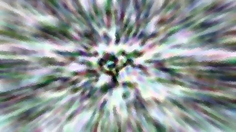 Abstrakte Komposition aus radial angeordneten, verwischten Farbstreifen in Grün, Lila und Weiß mit mosaikartiger Struktur.