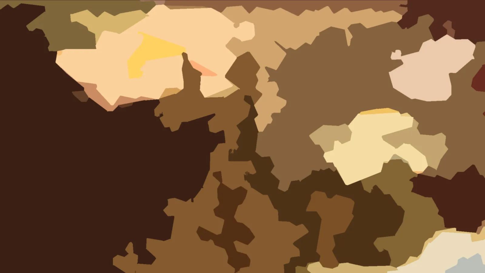 Abstrakte Komposition aus unregelmäßigen Flächen in Braun, Beige und Ocker, mit einzelnen gelben und hellen Akzenten.