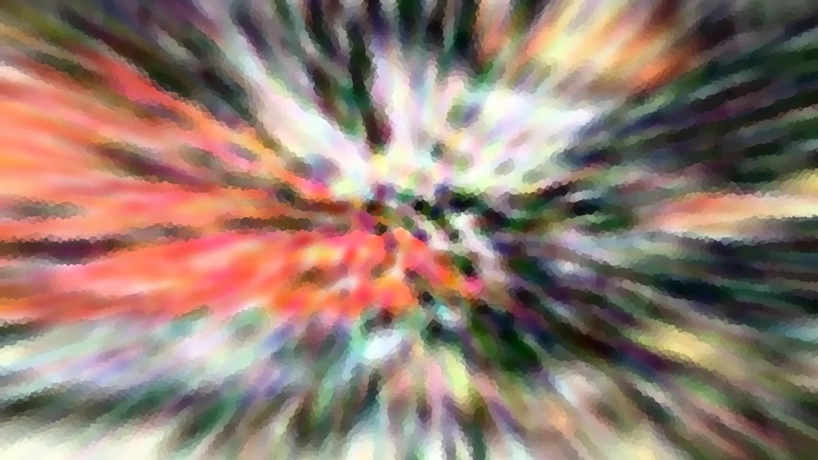 Abstrakte Komposition aus radial von einem Zentrum ausstrahlenden Schlieren in Orange, Rot, Grün, Violett und Weiß mit pixeligem Mosaikmuster