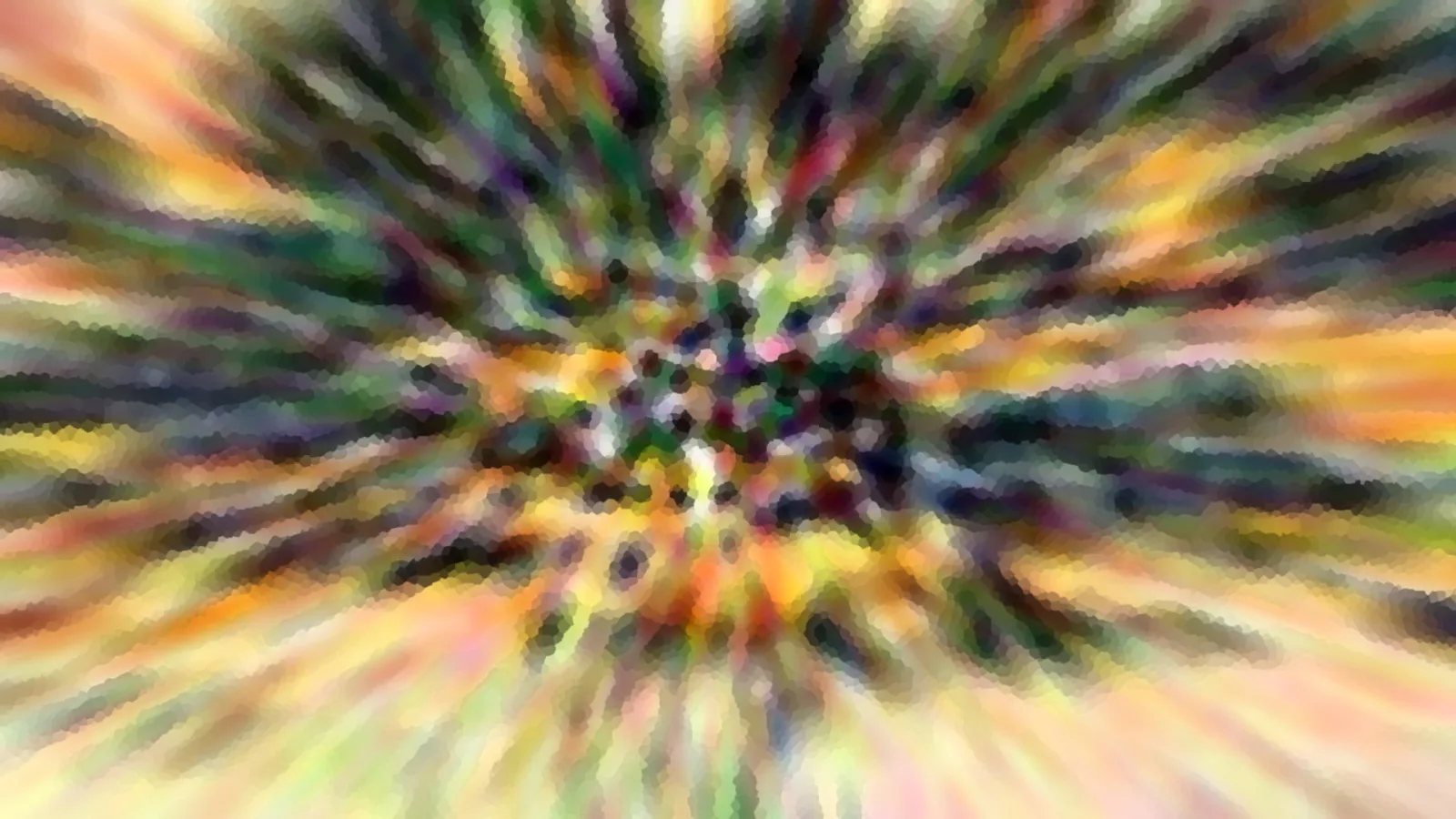 Abstrakte, radial verwischte Farbstreifen in Grün, Gelb, Orange und Violett, die von einem dunklen, punktartigen Zentrum nach außen strahlen.