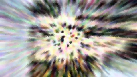 Abstraktes Bild mit farbigen Strahlen, die von einem dunklen Punktmuster in der Mitte nach außen schießen, mosaikartig aufgelöst.