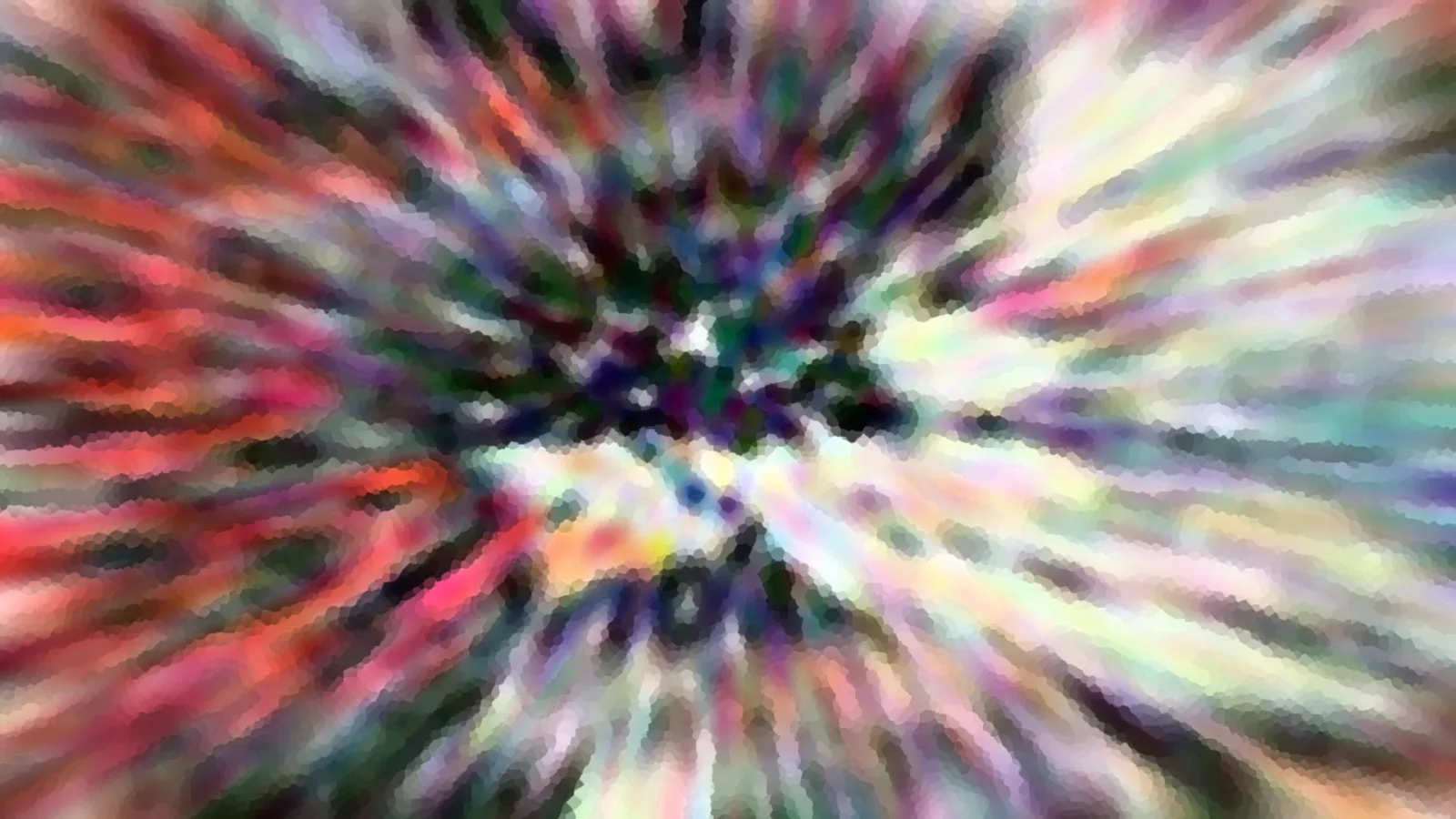 Abstrakte Komposition aus bunten Schlieren, die radial von einem dunklen Zentrum nach außen laufen, verpixelt und unscharf.