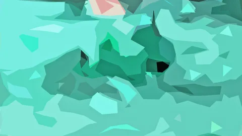 Abstrakte Komposition aus türkisen und mintfarbenen Polygonen mit dunkleren grünen Flächen und einem rosafarbenen Fleck oben.