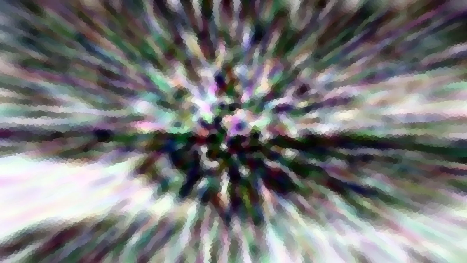 Abstrakte Komposition aus bunten, radial vom Zentrum nach außen laufenden Streifen in Grün, Lila und Weiß, verpixelt und unscharf.