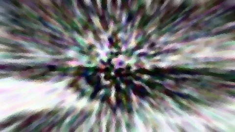Abstrakte Komposition aus bunten, radial vom Zentrum nach außen laufenden Streifen in Grün, Lila und Weiß, verpixelt und unscharf.
