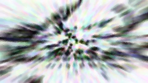 Abstrakte Komposition aus radial von der Mitte nach außen verlaufenden Streifen in Pastellfarben, durchsetzt von dunklen grünen und violetten Flecken, leicht pixelig.