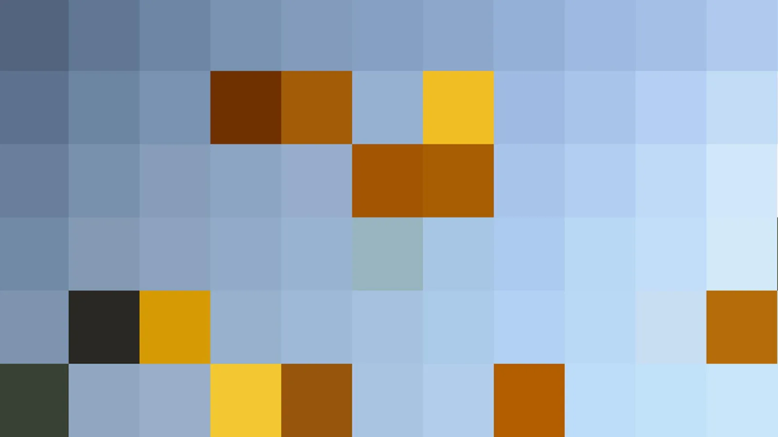 Pixeliges Mosaik aus verschiedenen Blautönen mit einzelnen braunen, gelben, orangefarbenen und schwarzen Feldern