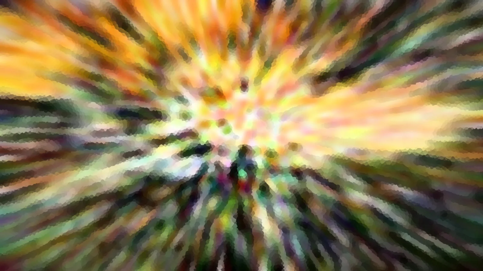 Abstraktes Bild mit einem Zentrum aus gelben und orangefarbenen Strahlen, die nach außen in grüne und dunkle Farbstreifen übergehen, gröber gerastert wie ein Mosaik.