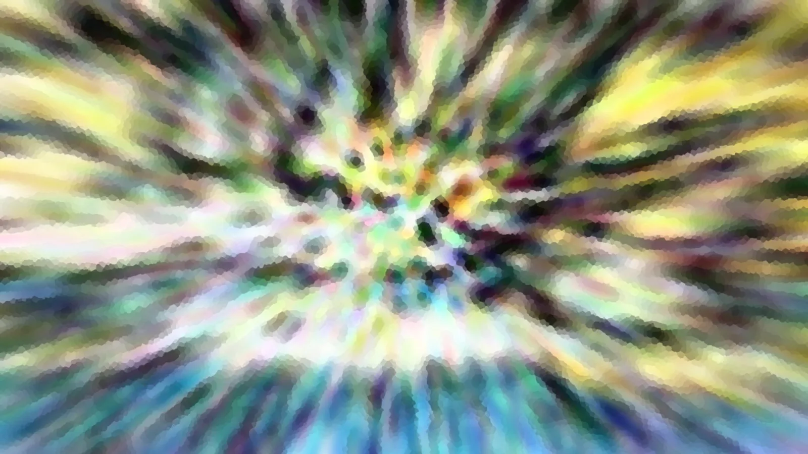 Abstrakte Komposition mit bunten Farbstrahlen, die von einem Zentrum in der Bildmitte nach außen laufen, grobkörnig gepixelt in Grün, Gelb, Blau und Violett.