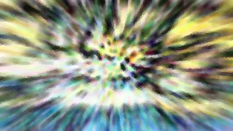 Abstrakte Komposition mit bunten Farbstrahlen, die von einem Zentrum in der Bildmitte nach außen laufen, grobkörnig gepixelt in Grün, Gelb, Blau und Violett.