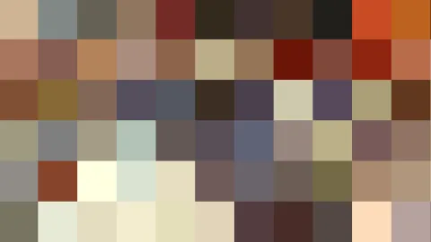 Abstraktes Raster aus kleinen, quadratischen Farbflächen in Braun-, Beige-, Grau- und Rottönen mit einzelnen hellen und dunklen Akzenten.