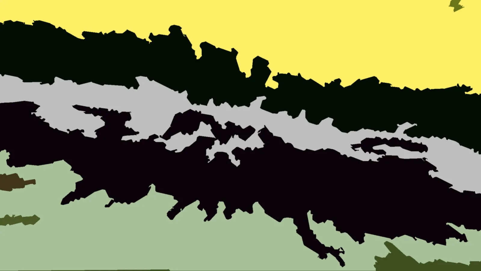Abstrakte Komposition aus gelben, schwarzen, hellgrauen und hellgrünen Flächen mit gezackten Rändern.