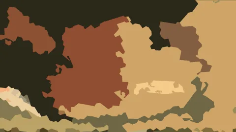 Abstrakte Komposition aus kantigen, flächigen Formen in Braun, Ocker, Sand und Dunkelgrün auf schwarzem Grund.