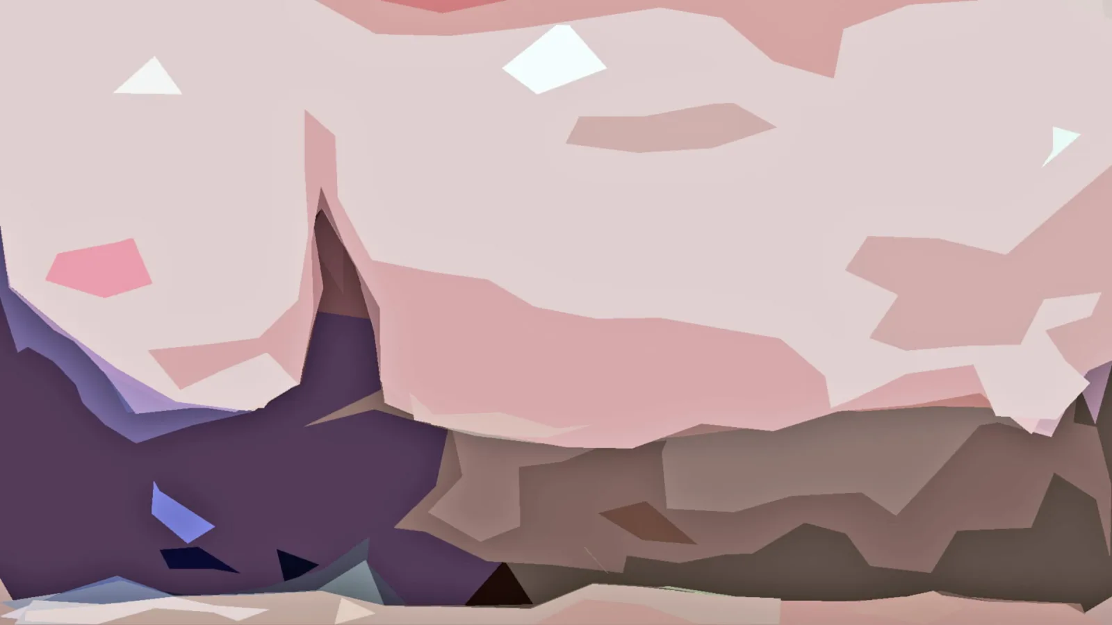 Abstrakte Komposition aus flachen rosa, violetten und braunen Flächen mit kleinen weißen und blauen Akzenten.