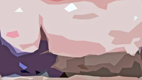 Abstrakte Komposition aus flachen rosa, violetten und braunen Flächen mit kleinen weißen und blauen Akzenten.