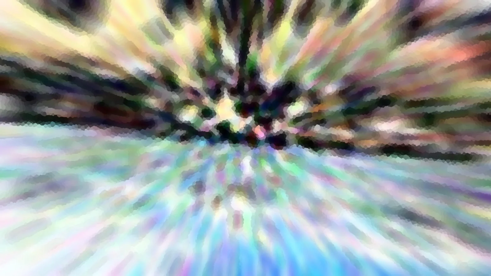 Abstrakte Komposition mit radialen Streifen in Gelb, Grün, Blau und Rosa, die von einem dunklen Zentrum in der Bildmitte ausstrahlen, mosaikartig pixelig.